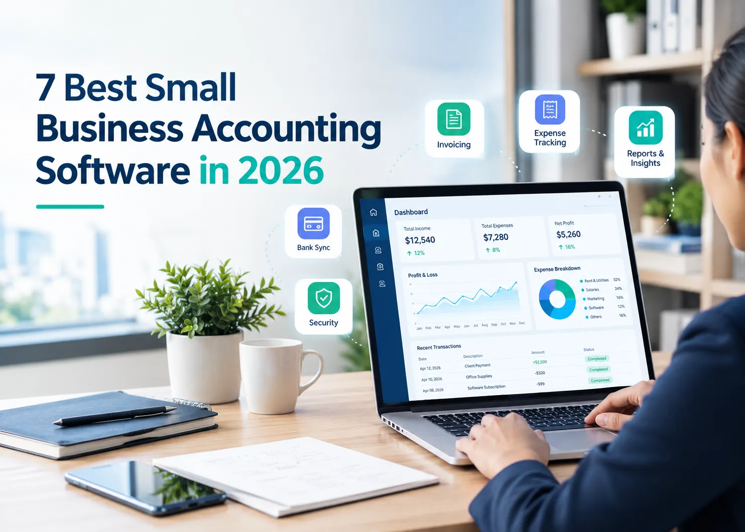 A person sits at a desk using a laptop displaying a financial dashboard with graphs and metrics. The image includes text reading "7 Best Small Business Accounting Software in 2026" alongside feature icons like Invoicing and Expense Tracking.